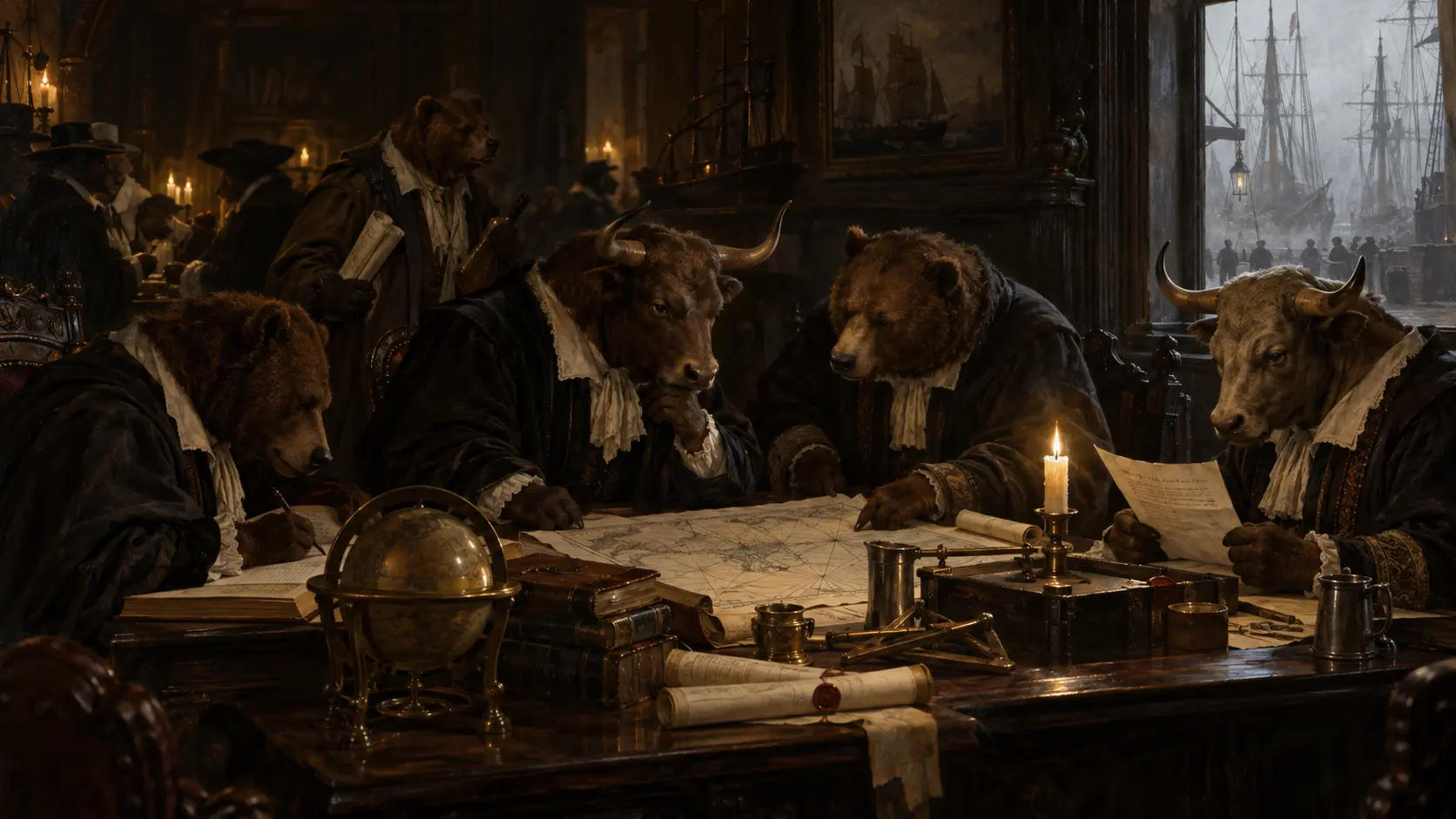 Bulls and bears underwriting maritime risk inside a candlelit coffee house